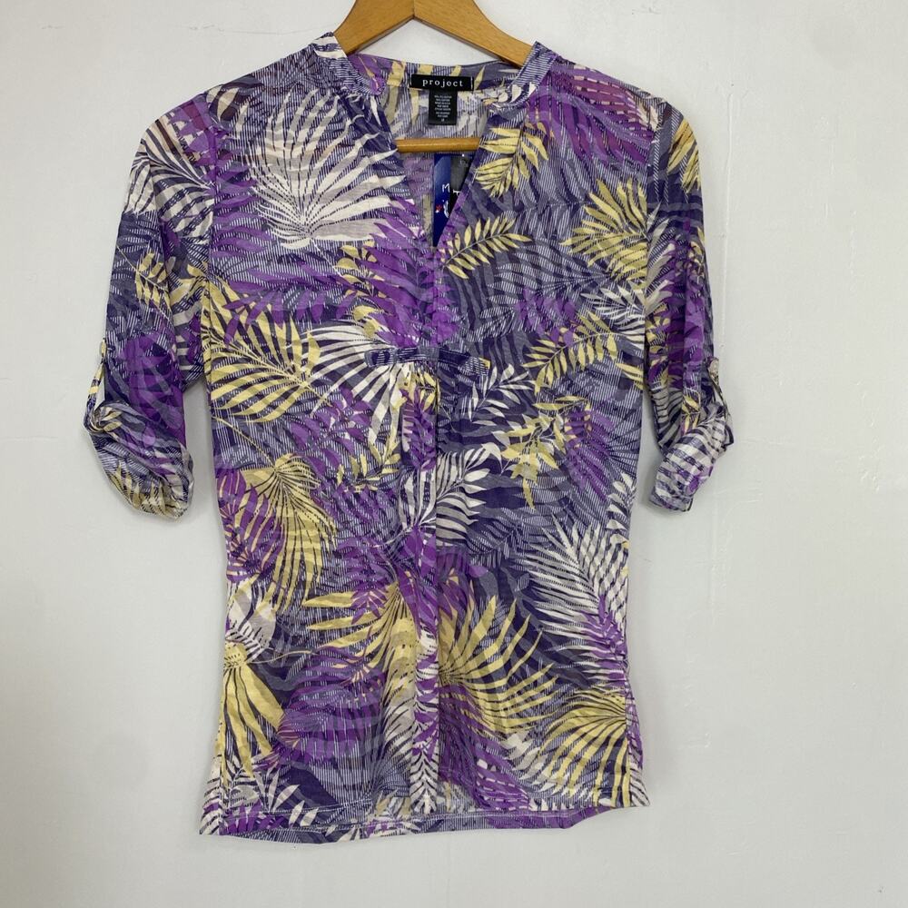 NWT Project Top Womens M Semi-Sheer Tropical Floral Roll Tab Sleeve Hawaiian